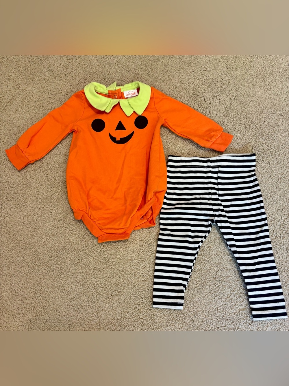 Cat & Jack Orange Pumpkin Outfit with Black & White Striped Leggings- 3-6 Months